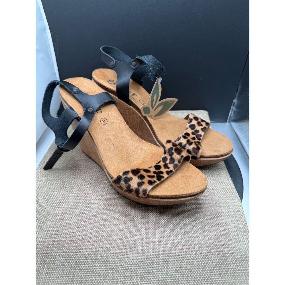 BioStep Wedges Leopard Print Pony Hair with Black Leather Strap Size 6